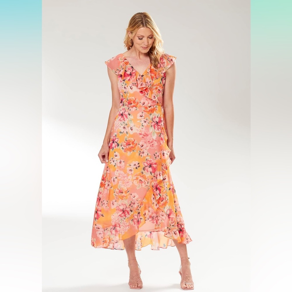 London Times Women's Chiffon Faux Wrap Ruffle Maxi Dress